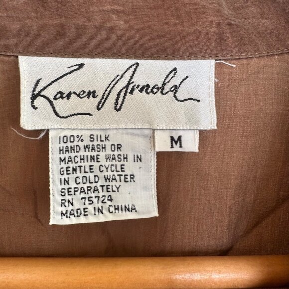 Karen Arnold Brown Silk Button-Up Shirt With Embroidered Stars Vintage - Picture 5 of 6